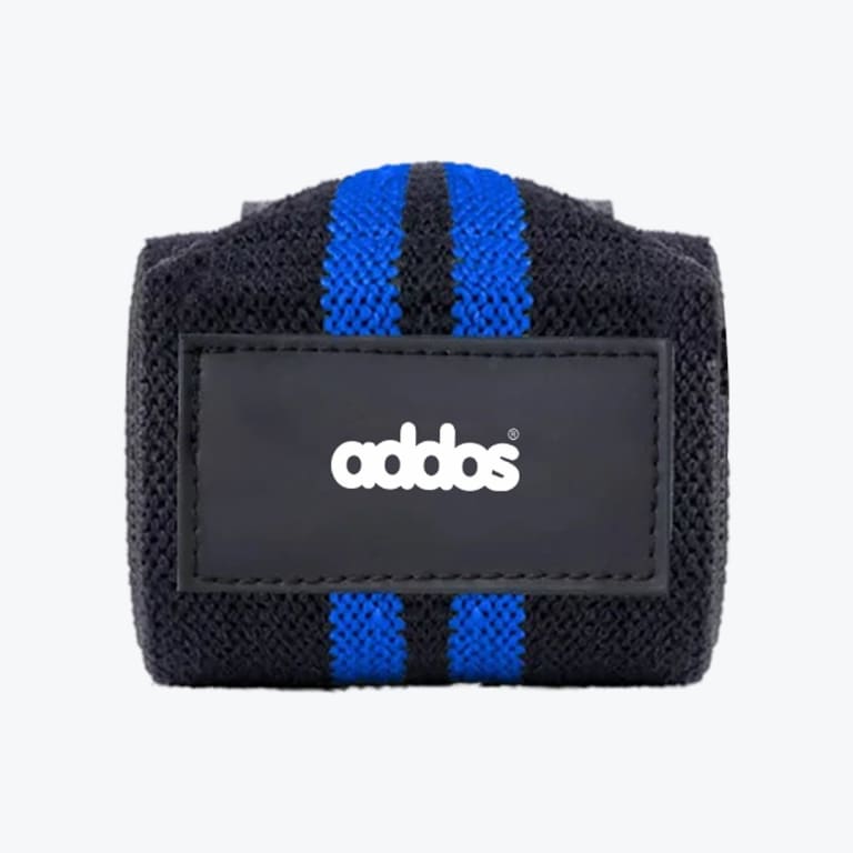 A rolled-up black and blue athletic wrist wrap with a central black patch displaying the white addos logo.