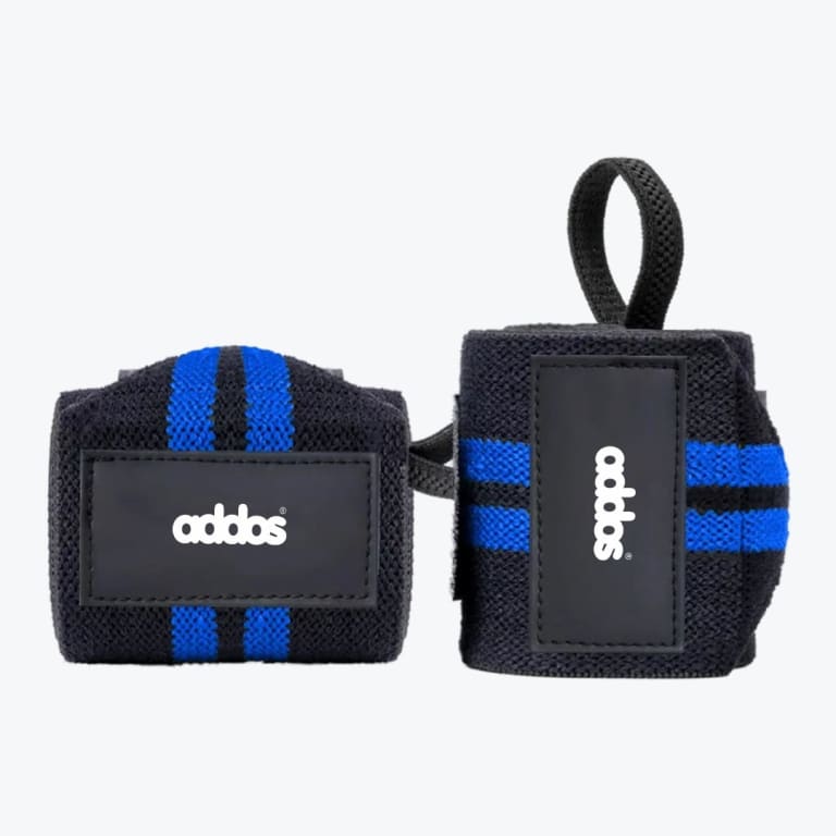 A pair of black and blue Addos wrist wraps displayed against a plain white background, one positioned horizontally and the other vertically showing the thumb loop.
