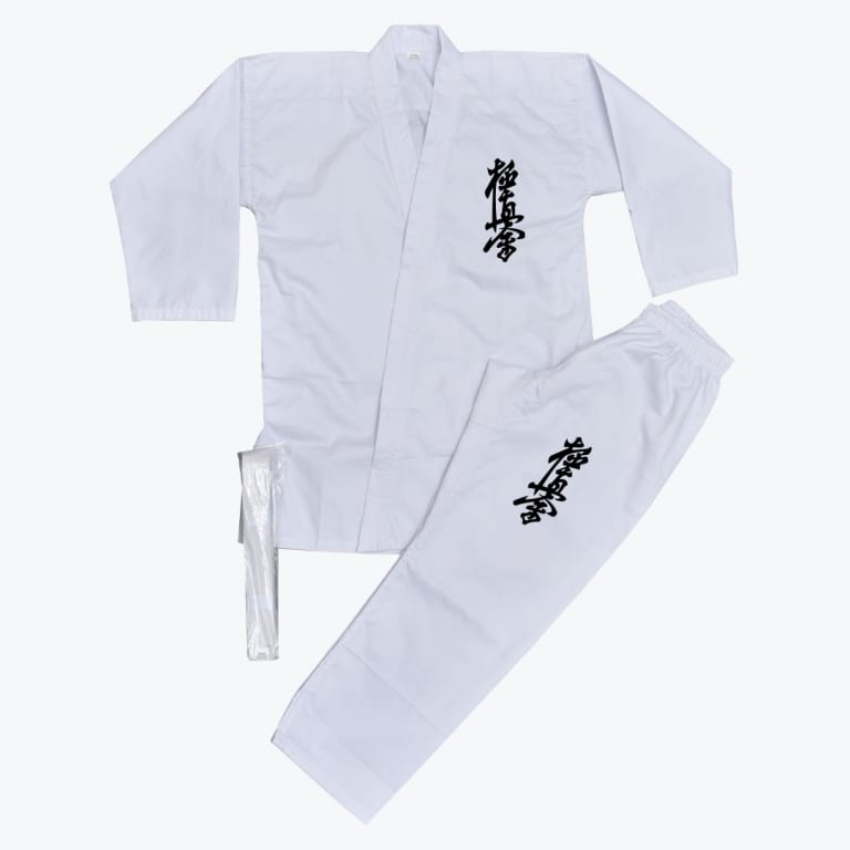 A white Kyokushin Karate gi set including a jacket, pants, and a white belt, with black Kyokushinkai kanji embroidered on the chest and thigh.