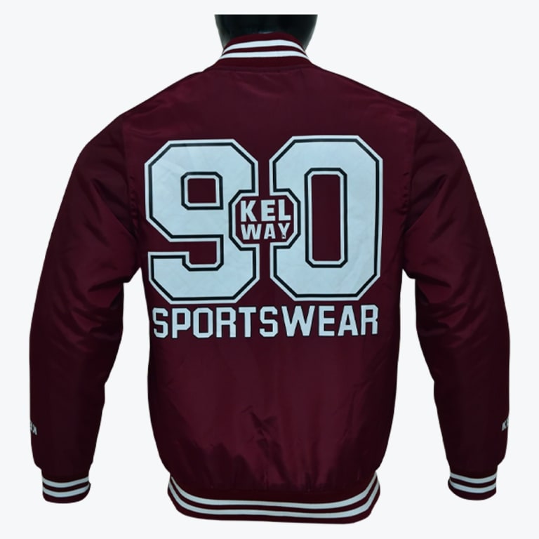 Back view of a maroon satin varsity jacket with 90 Kel Way Sportswear printed in large white letters.