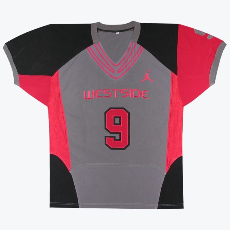 A grey, red, and black sports jersey with WESTSIDE and the number 9 on the front, featuring a red Jumpman logo.