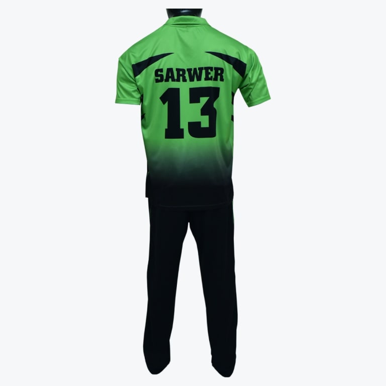 Back view of a green and black gradient sports jersey with SARWER 13 printed on it, paired with black pants.