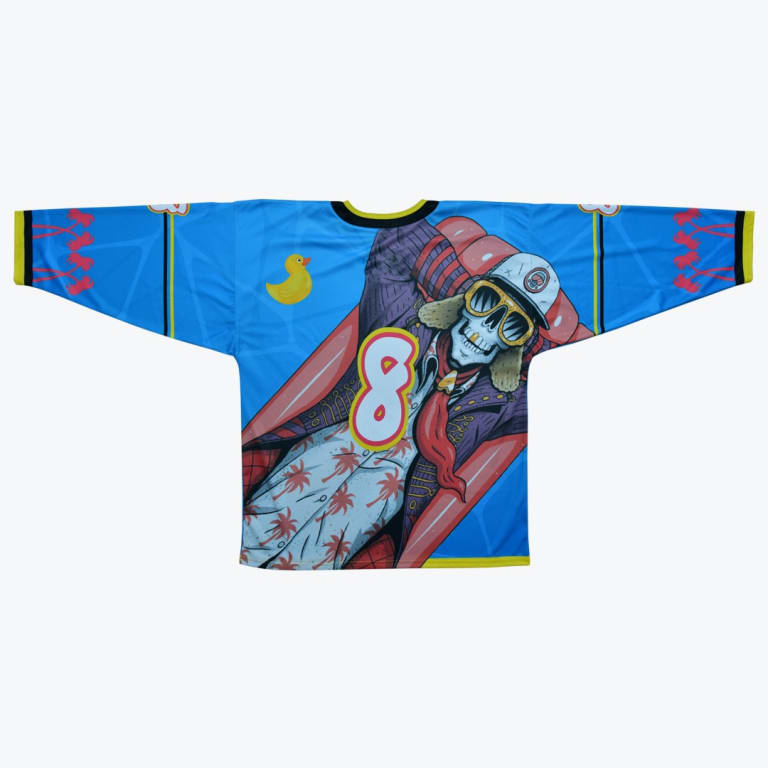 A flat lay of a blue custom hockey jersey featuring a cartoon skeleton pilot lounging on a red float with a large number 8 on the back.