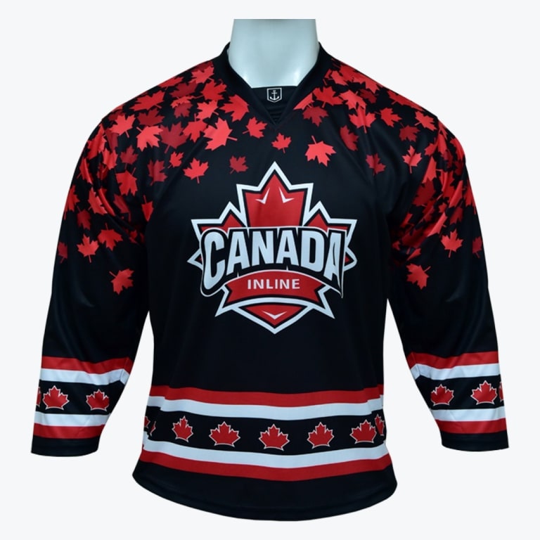 A black long-sleeved hockey jersey with a red maple leaf logo reading CANADA INLINE on the chest, featuring red maple leaf patterns on the shoulders and striped borders on the hem and cuffs.