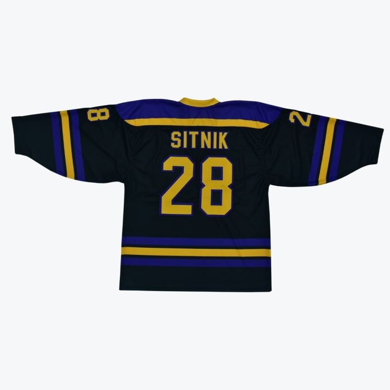 Back view of a dark blue hockey jersey with SITNIK and the number 28 in yellow, featuring purple and yellow stripes.