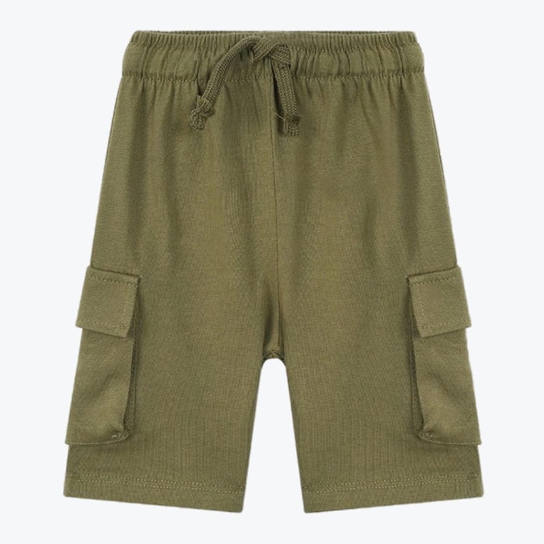 A pair of olive green cargo shorts with an elastic drawstring waist and side flap pockets, displayed flat against a white background.
