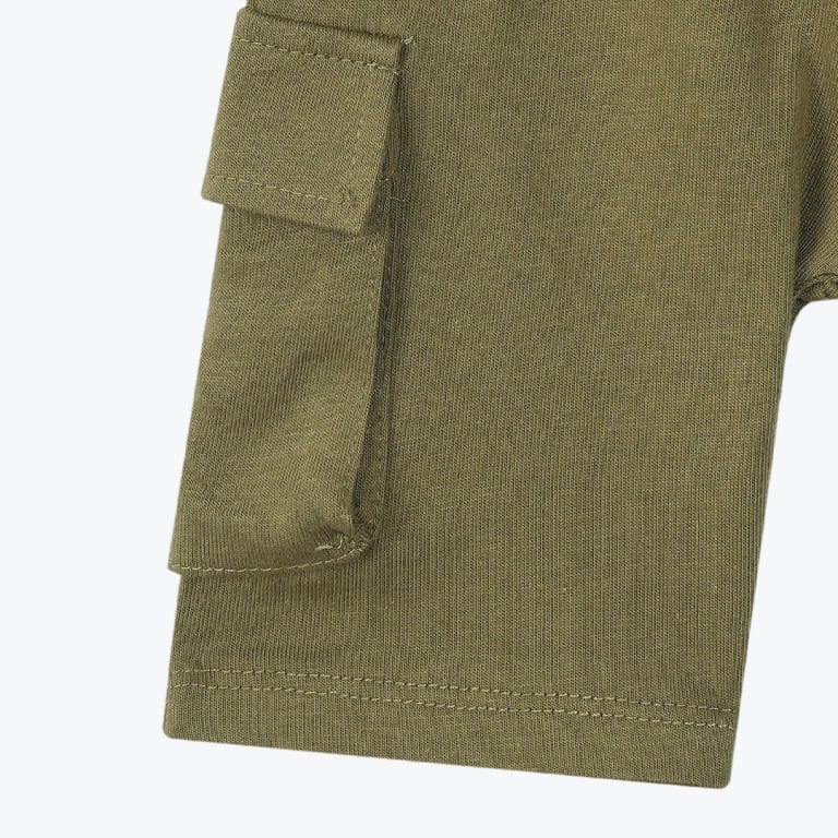 Close-up of a cargo pocket with a flap on olive green knit fabric, showing detailed stitching at the hem.