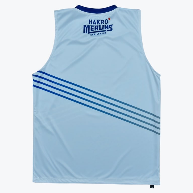 Back view of a light blue sleeveless athletic jersey with a dark blue logo and diagonal stripes.
