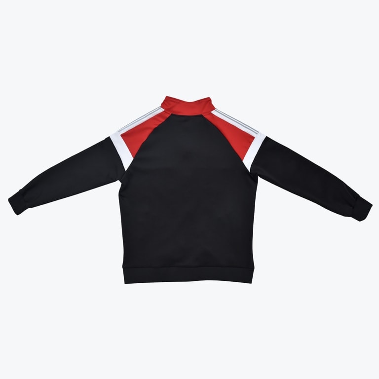 The back of a black track jacket with red shoulders and collar, accented by white stripes on the shoulders and upper sleeves, set against a plain white background.