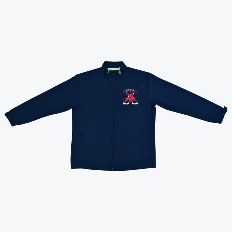 A navy blue full-zip jacket with the Nashville Mavericks logo on the left chest, featuring a red bull and crossed hockey sticks, laid flat on a white background.