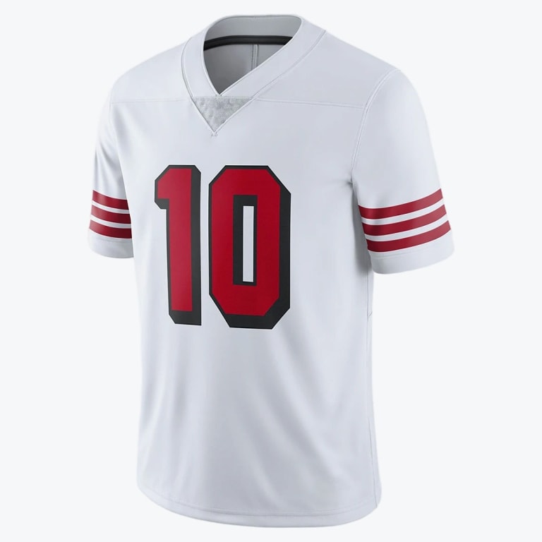 A white football jersey with the number 10 in red and black on the front and three red stripes on the sleeves.