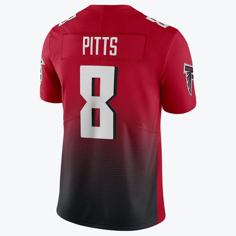 Back view of a red and black gradient Atlanta Falcons jersey with PITTS and the number 8 printed in white.