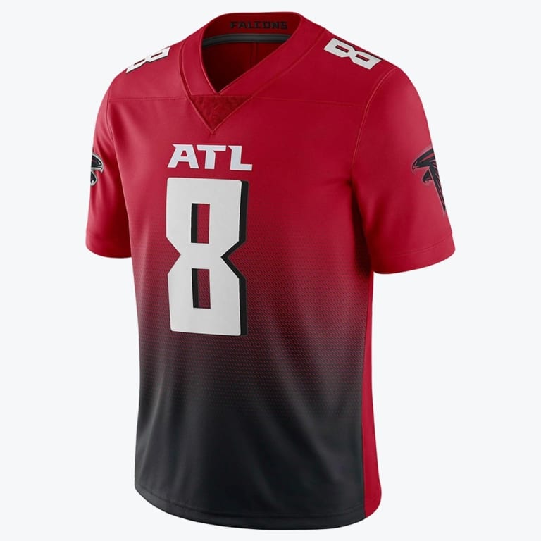 A red and black gradient Atlanta Falcons jersey with the number 8 and ATL on the front.