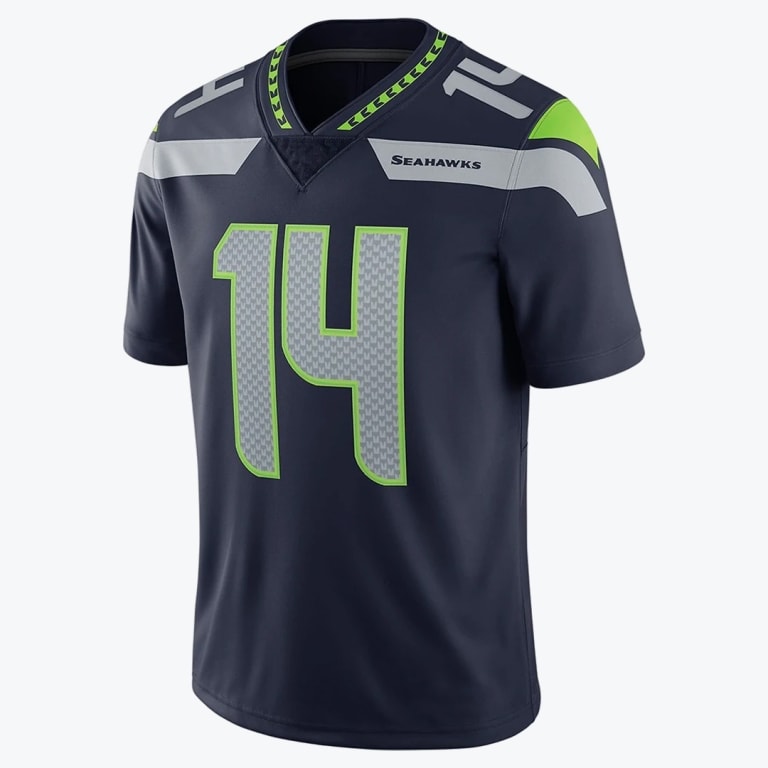 A navy blue Seattle Seahawks football jersey with the number 14 in grey and neon green, displayed against a plain white background.