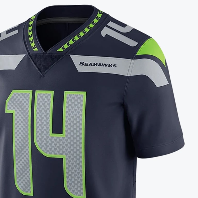 Close-up of a navy blue Seattle Seahawks NFL jersey with the number 14 in grey and lime green.