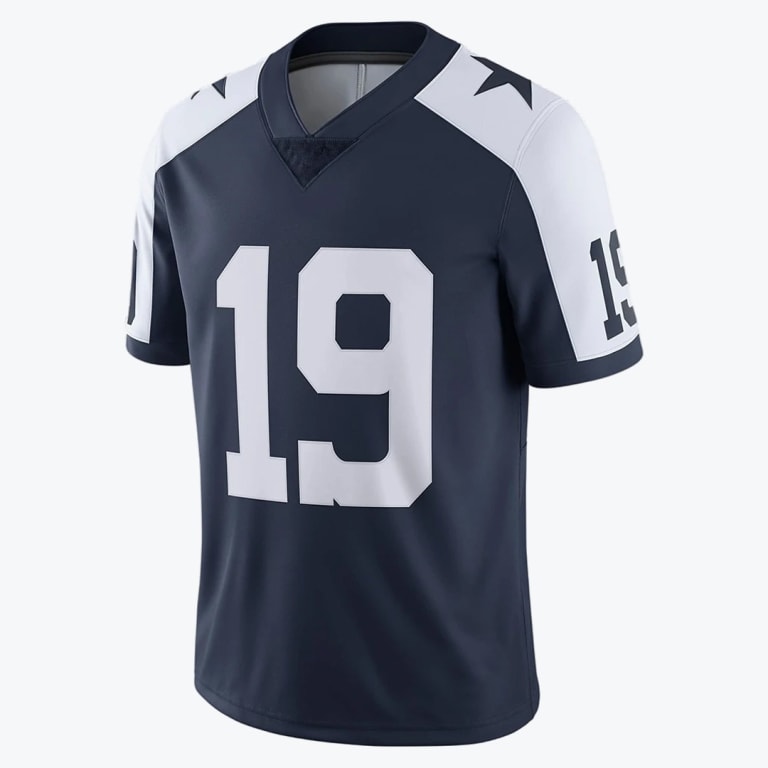 Navy blue football jersey with white shoulders, stars, and the number 19 on the front.