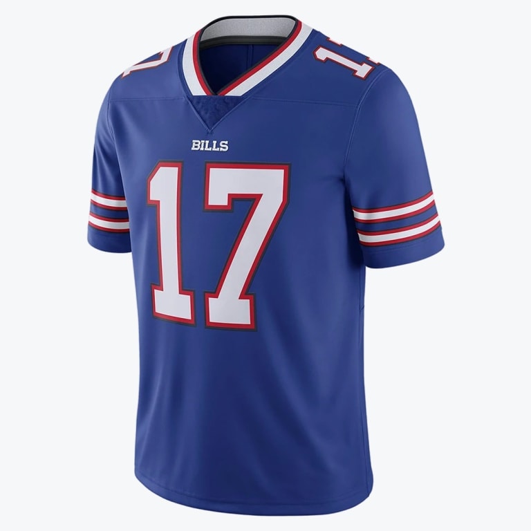 A blue Buffalo Bills football jersey with the number 17 in white with red outlines, displayed against a plain white background.