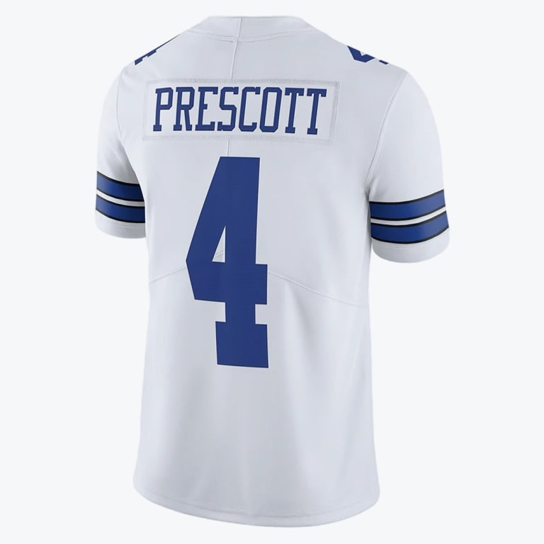 Back view of a white Dallas Cowboys jersey with PRESCOTT and the number 4 in blue.