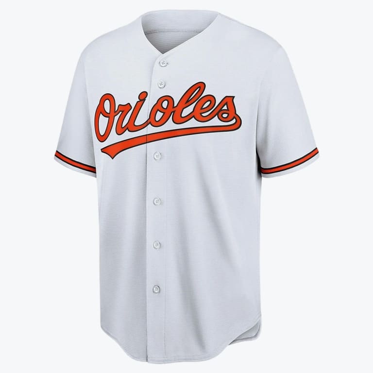 A light gray Baltimore Orioles button-up baseball jersey with Orioles written in orange script on the chest.