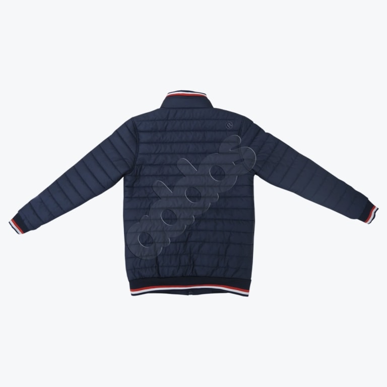 Back view of a navy blue quilted puffer jacket with a large diagonal adidas logo and red and white striped ribbed cuffs and hem.