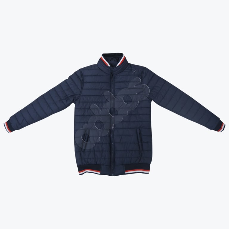 A navy blue quilted puffer jacket with red and white striped ribbed cuffs, collar, and hem, laid flat against a white background.