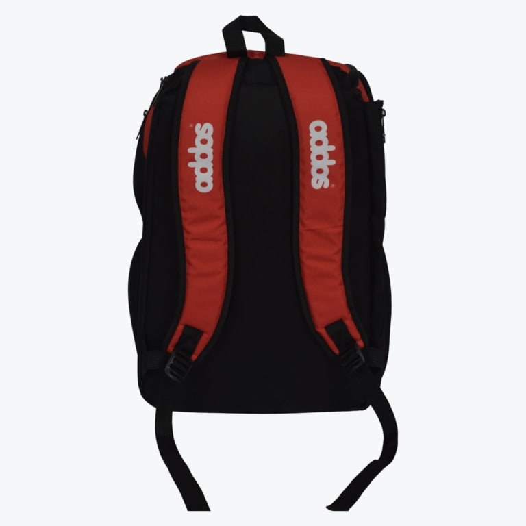 Back view of a black and red Addos backpack with white addos branding on the red shoulder straps.