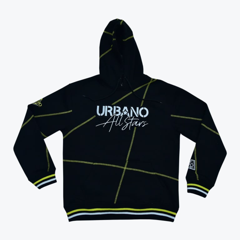 A black hoodie with URBANO All Stars written on the chest in white, decorated with neon green geometric contrast stitching and striped cuffs.