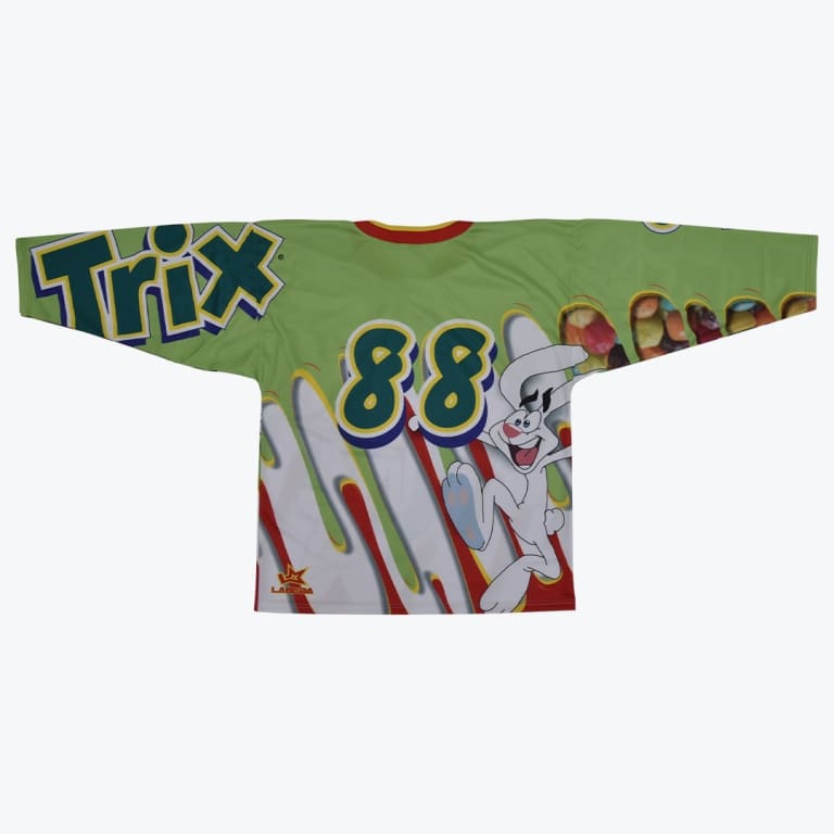 Back view of a green Trix cereal-themed hockey jersey with the number 88 and the Trix Rabbit character.