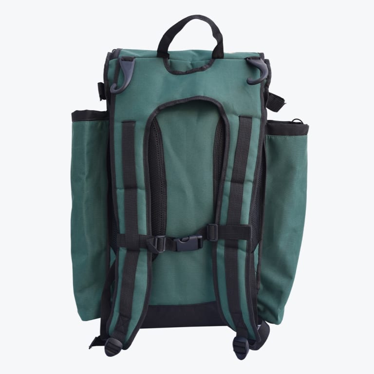 Back view of a green backpack with padded shoulder straps, a chest buckle, and side pockets against a white background.