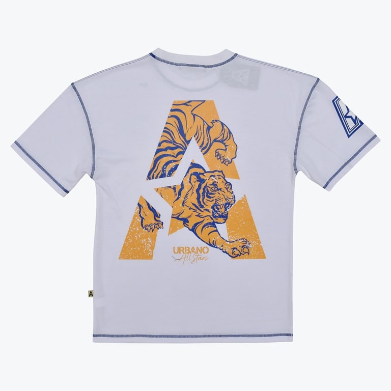 Back view of a white short-sleeve t-shirt featuring a large orange letter A with a blue and orange tiger graphic and the text URBANO All Stars below it.