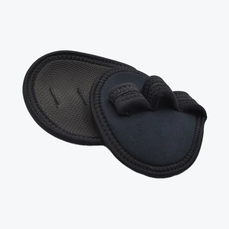 A pair of black neoprene weightlifting grip pads showing the textured palm side and the back side with finger loops on a white background.