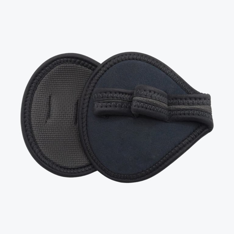 Two black neoprene gym grip pads on a white background, showing both the textured palm side and the back side with a finger strap.