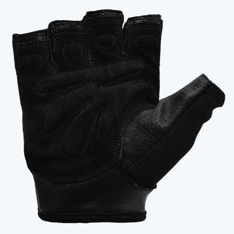The palm side of a black fingerless glove with reinforced padding, shown against a plain white background.