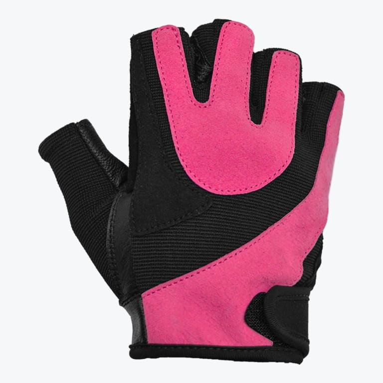 A pink and black fingerless workout glove with suede padding on the palm, isolated on a white background.