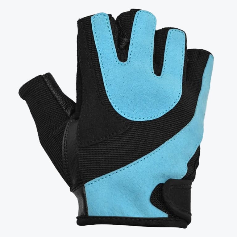 A black and light blue fingerless athletic glove shown against a white background, featuring grip padding on the palm and fingers.