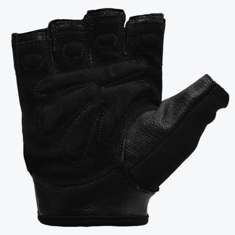 Palm side of a black fingerless weightlifting glove with padded grip areas on a white background.