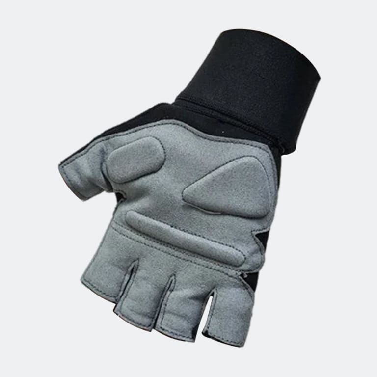 A grey and black fingerless weightlifting glove with padded palm sections and a wide black wrist wrap, shown against a plain light background.