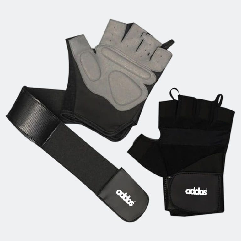 A pair of black and grey Addos fingerless gym gloves showing the padded palm side, the back side with finger loops, and an extended wrist wrap strap against a light grey background.