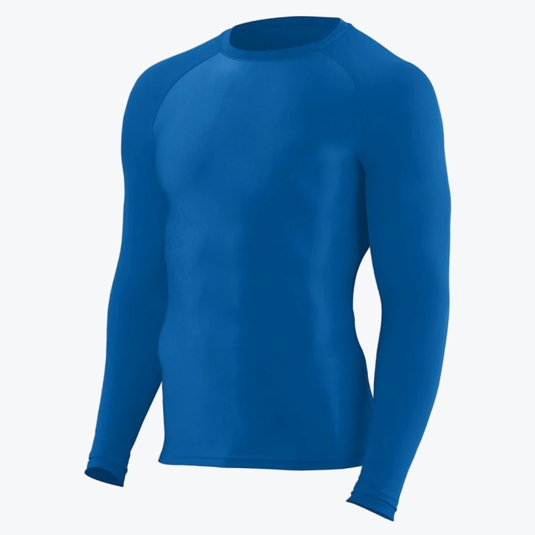 A royal blue long-sleeve compression shirt designed for athletic wear, featuring a snug fit and crew neck, shown on a white background.