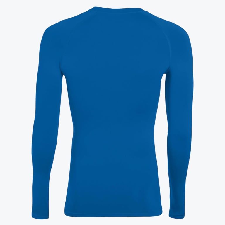 Back view of a tight-fitting royal blue long-sleeve compression shirt on a white background.