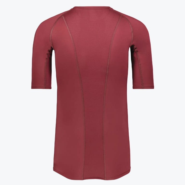 Back view of a maroon short-sleeve athletic compression shirt with a breathable mesh panel down the spine.
