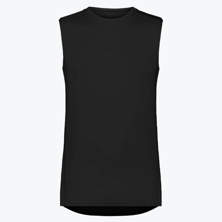 A solid black sleeveless muscle shirt with a crew neck on a white background.