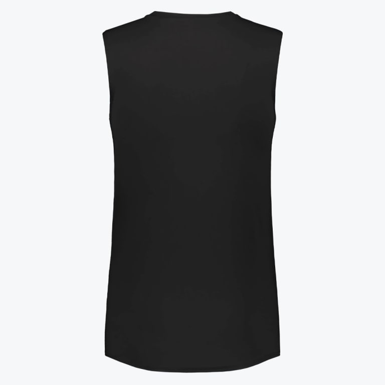 Back view of a plain black sleeveless tank top on a white background.