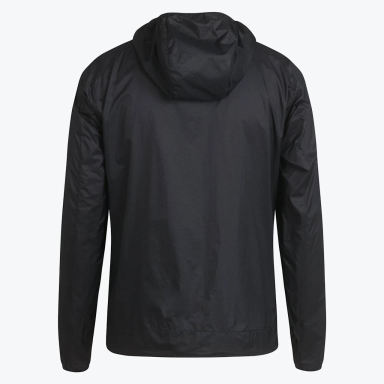 Back view of a solid black hooded windbreaker jacket with long sleeves and a clean back design, displayed against a white background.