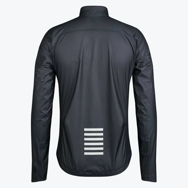 The back view of a dark grey long-sleeve cycling jacket featuring a reflective six-stripe design on the lower back, set against a plain white background.