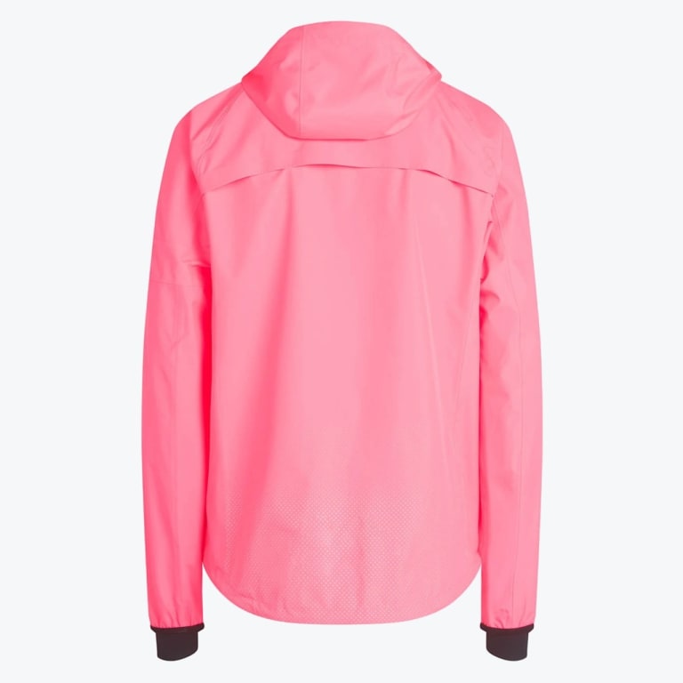 Back view of a bright pink hooded athletic jacket with dark cuffs on a white background.
