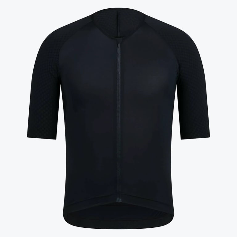 A front view of a solid black, short-sleeved cycling jersey with a full zipper and textured sleeves against a white background.