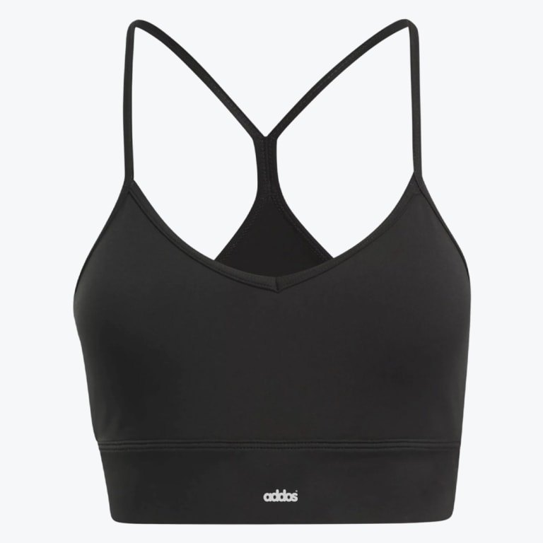 Front view of a black Addos sports bra with thin straps and a V-neckline on a white background.