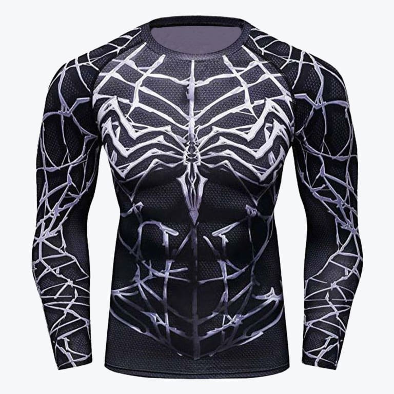 A black long-sleeve compression shirt with a white spiderweb and spider emblem design on the chest and sleeves, set against a white background.