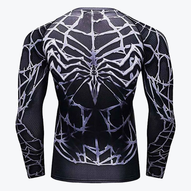 Back view of a black long-sleeve compression shirt with a prominent white spider and web design on the back and sleeves.